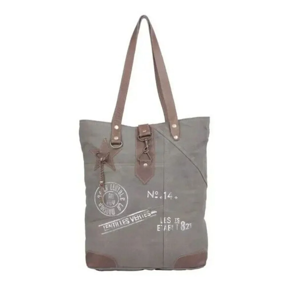 Myra Bag Handmade Time Tote Bag Upcycled Canvas & Cowhide Leather